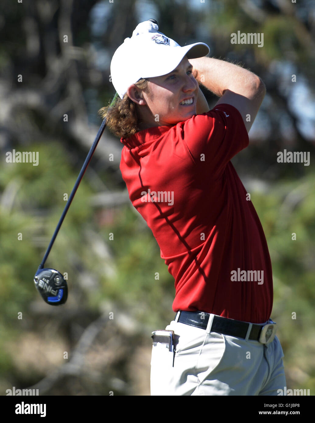 Usa. 16 mai, 2016. SPORTS -- l'UNM Andre Garcia tees au large pendant le premier tour de la NCAA Men's Golf World au Championnat de Golf de l'UNM le lundi, 16 mai 2016. © Greg Sorber/Albuquerque Journal/ZUMA/Alamy Fil Live News Banque D'Images