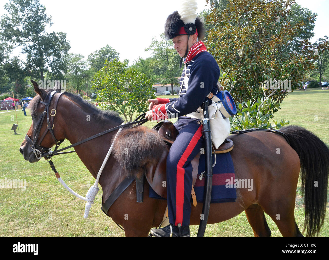 Soldat américain à cheval dans la bataille de Bladensburg reenactment Banque D'Images