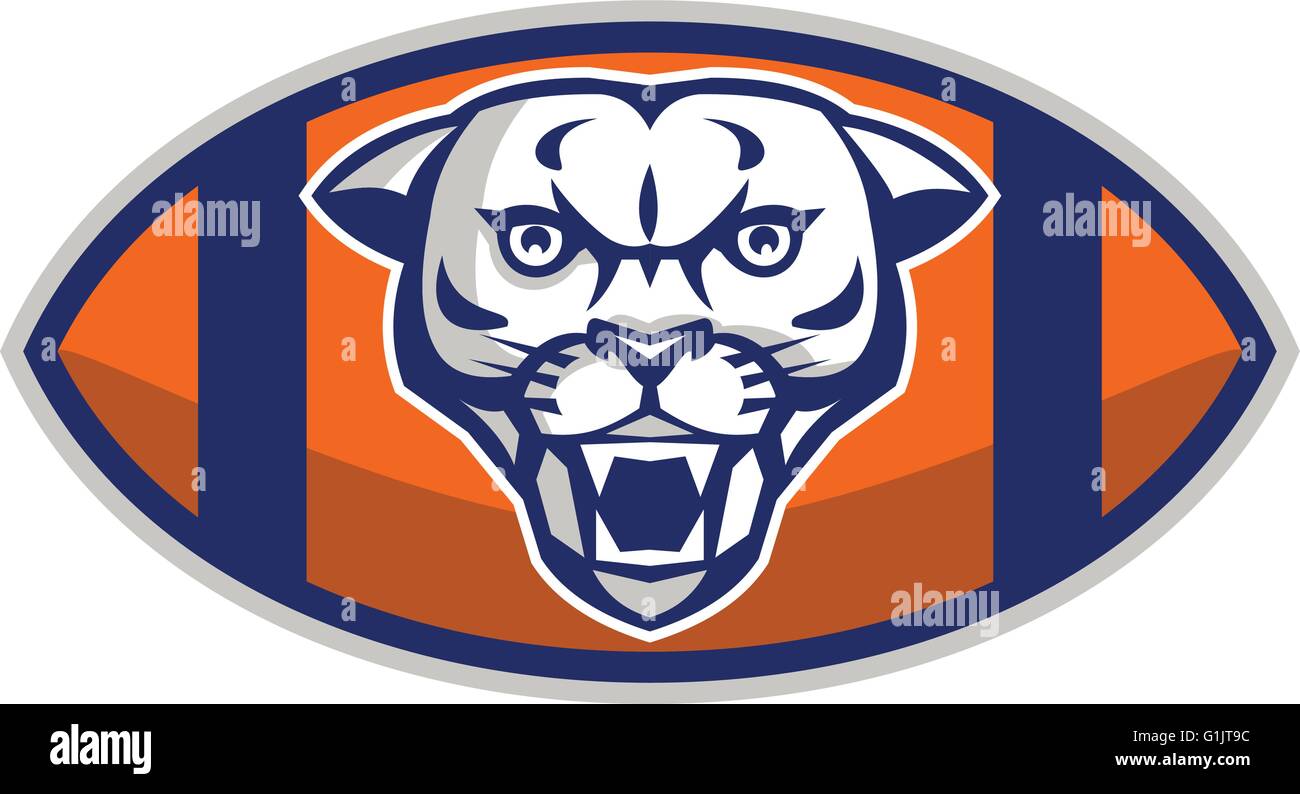 Illustration d'un cougar mountain lion head vue de l'avant dans le football américain ballon ovale fait en style rétro. Illustration de Vecteur