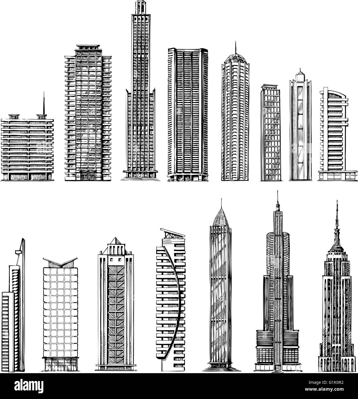 Ville. esquisse dessinée à la main de gratte-ciel. vector illustration Illustration de Vecteur