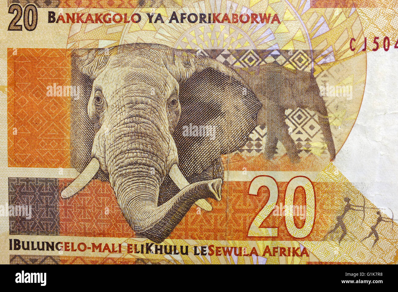 Une vue étroite de l'arrière d'un rand 20 note de l'Afrique du Sud. Banque D'Images