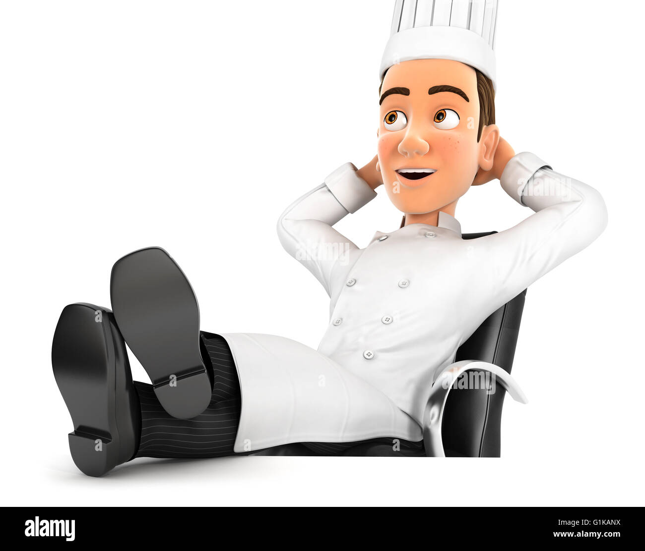 Chef cuisinier 3d avec détente les pieds sur son bureau, isolé sur fond blanc Banque D'Images