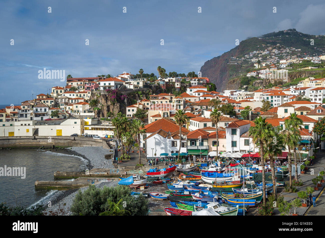 Vue aérienne de Camara de Lobos ville et port de bateaux de pêche Banque D'Images