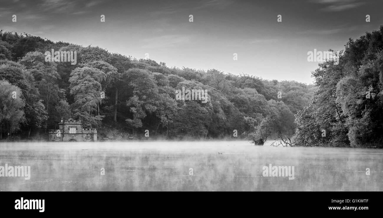 Tôt le matin de l'image monochrome Newmillerdam lake et boat house. Banque D'Images