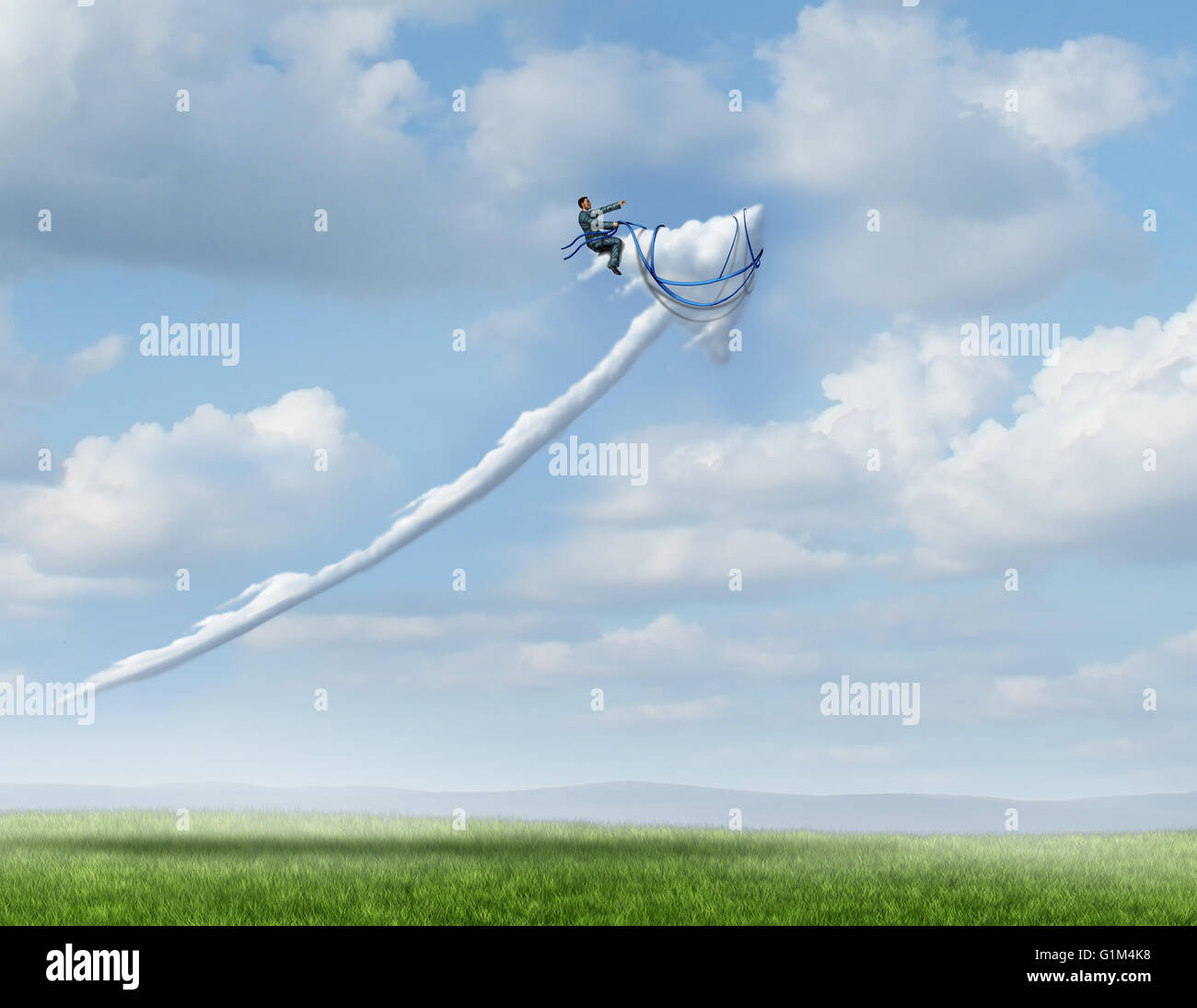 Les dirigeants de l'entreprise succès métaphore comme un homme d'équitation et de contrôler un nuage en forme d'une flèche en mouvement comme un symbole de réussite de la gestion et de la stratégie avec 3D illustration éléments. Banque D'Images