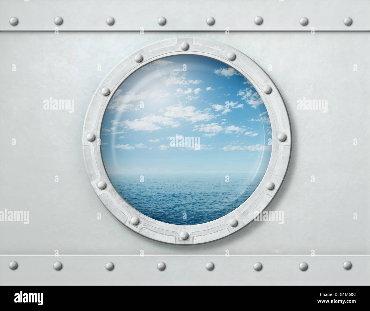 Expédier un hublot ou une fenêtre avec vue sur la mer et l'horizon 3d illustration Banque D'Images