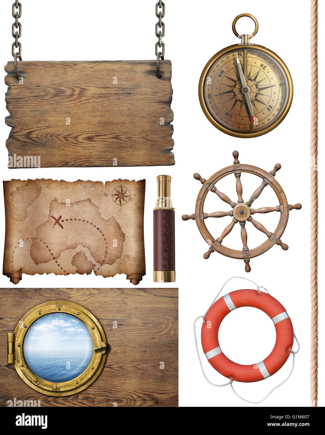 Carte au trésor des pirates et autres objets nautiques illustration isolé 3d Banque D'Images