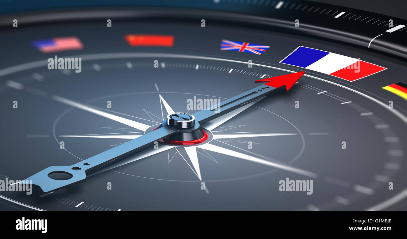 3D illustration d'un compas avec de nombreux drapeaux, l'aiguille indique le drapeau français, fond noir. Image conceptuelle du voyage Banque D'Images