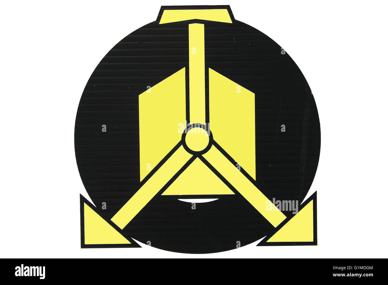 Serrage de roue en signe jaune et noir représentant un collier jaune comme la structure sur un cercle noir isolated on white Banque D'Images