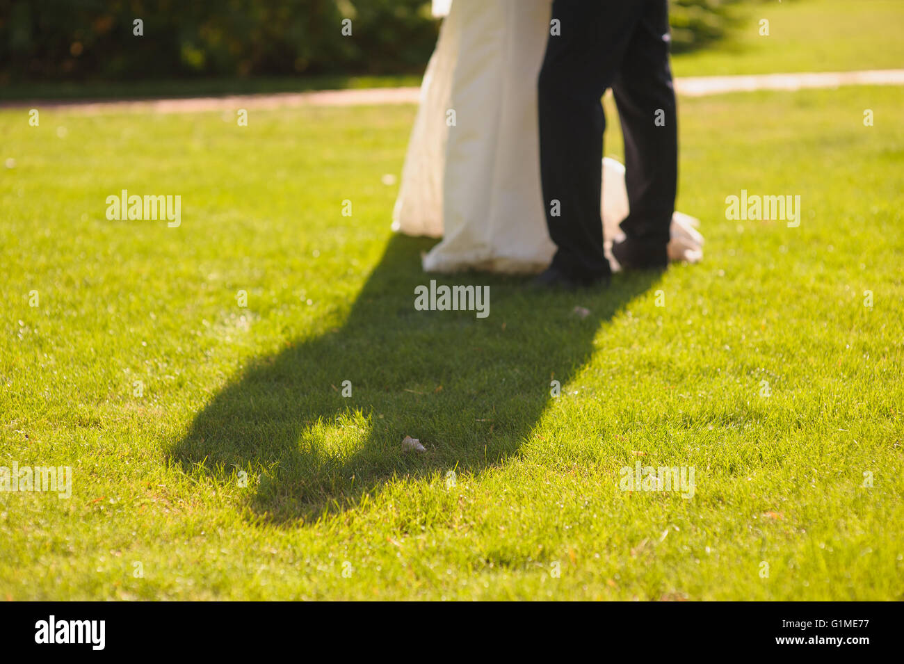 Ombre de couple sur l'herbe verte. Mariée et le marié. Grande ombre sur  l'herbe. Photo de mariage au coucher du soleil Photo Stock - Alamy