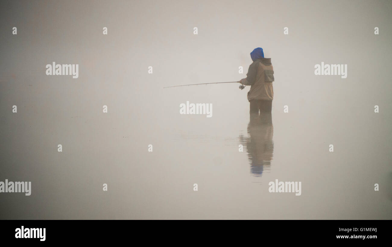 Pêcheur debout dans le fleuve Fraser à Poplar Bar à Glen Valley en Colombie-Britannique, Canada, le brouillard d'un matin d'octobre Banque D'Images