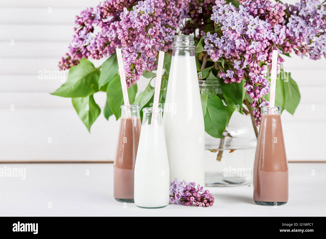 Bouteille de lait et de petites bouteilles de lait fouetté au chocolat lilas avec des fleurs dans un vase blanc sur fond d'obturation Banque D'Images