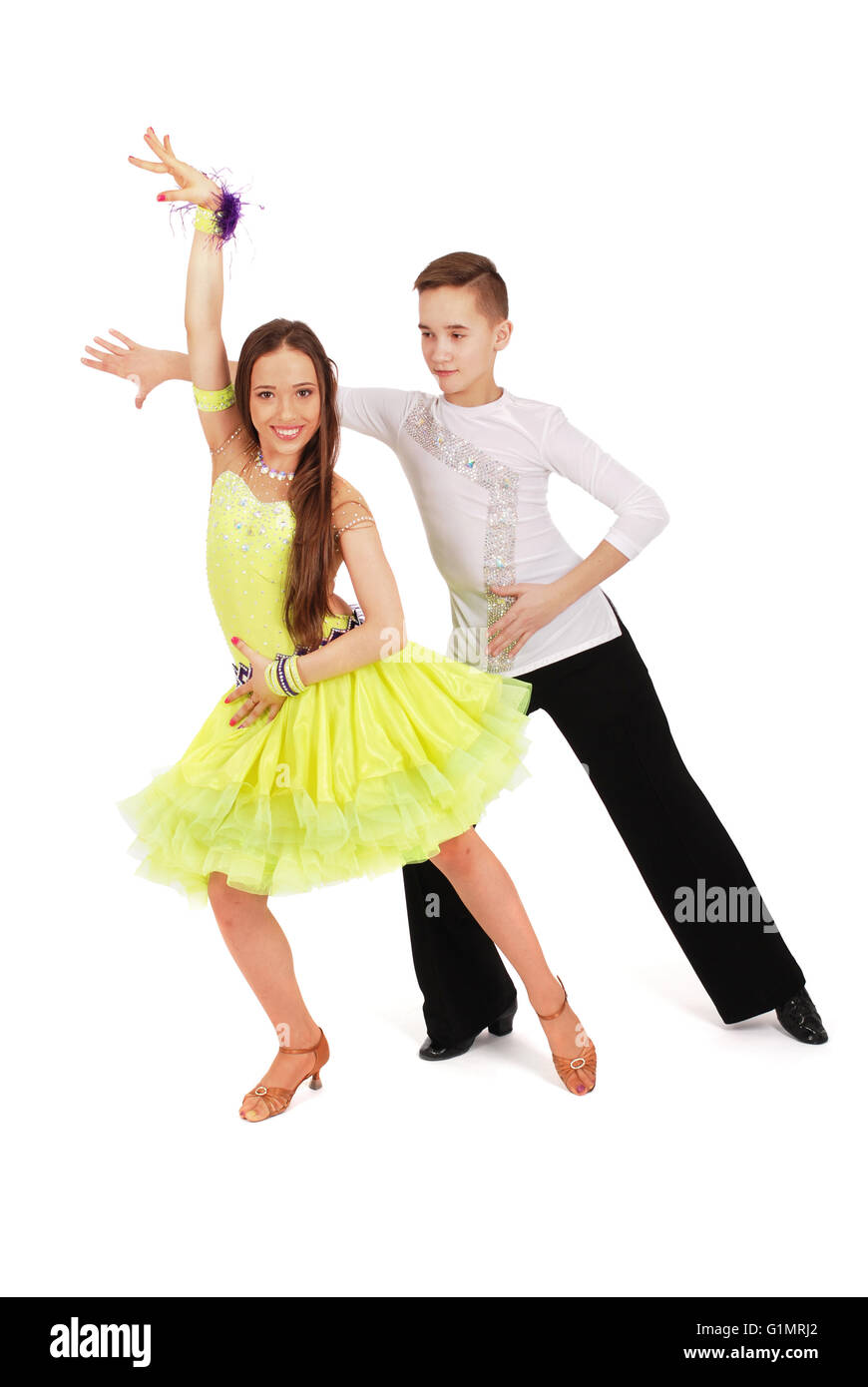 Garçon et fille danser La danse de salon sur fond blanc Banque D'Images