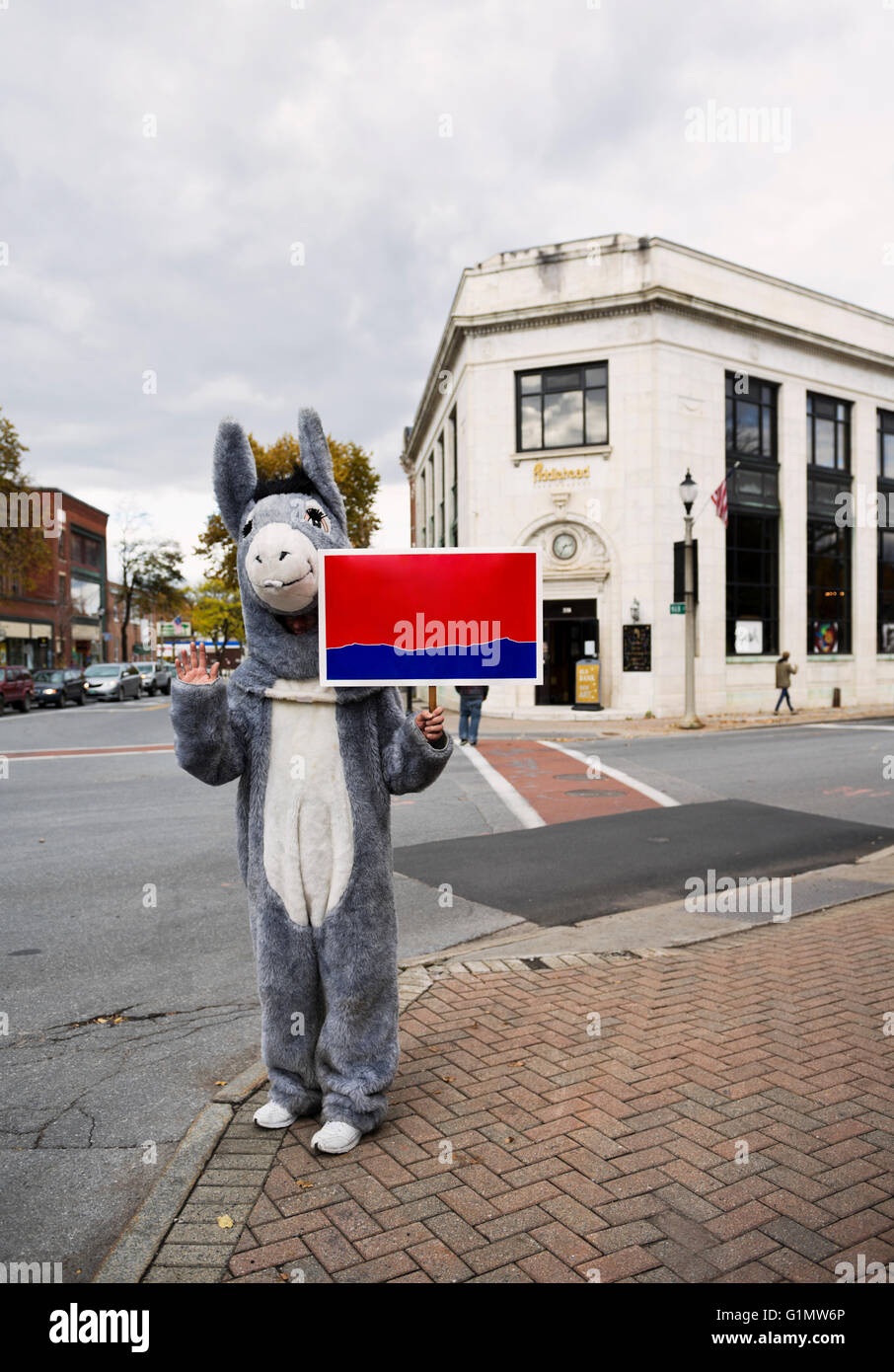 Personne vêtue d'un costume d'âne démocrate holding a blank sign Bennington, Vermont Nouvelle-angleterre, États-Unis Banque D'Images