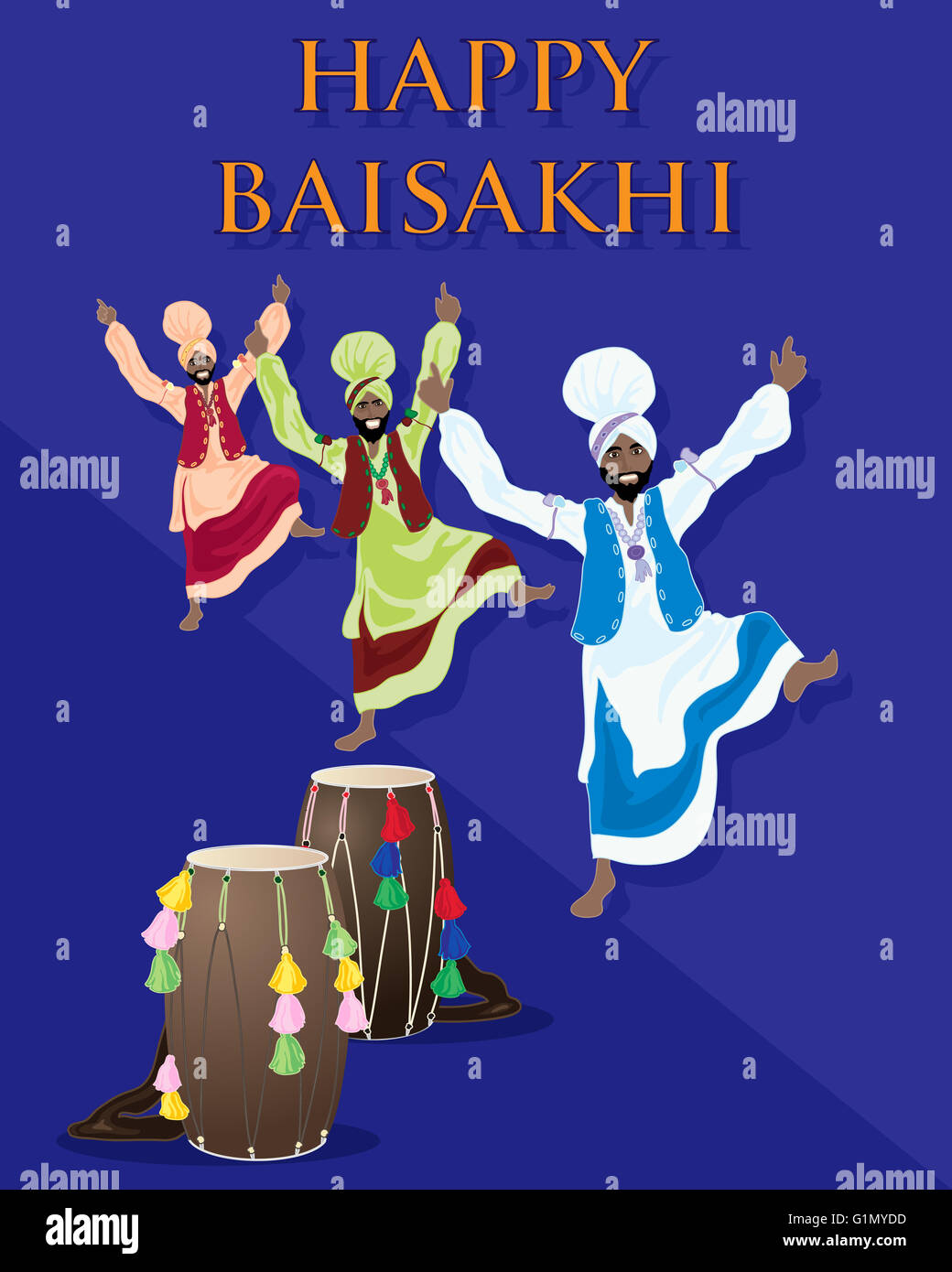 Une illustration d'une carte de souhaits célébration Punjabi avec tambours et danseurs sur fond violet Banque D'Images