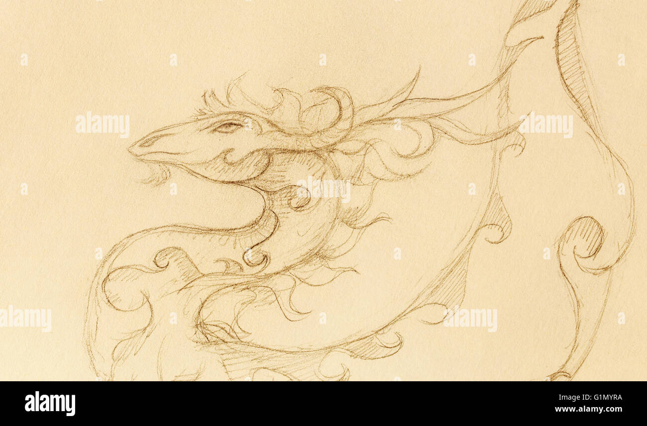 Dessin de dragon ornement sur vieux papier arrière-plan. Banque D'Images