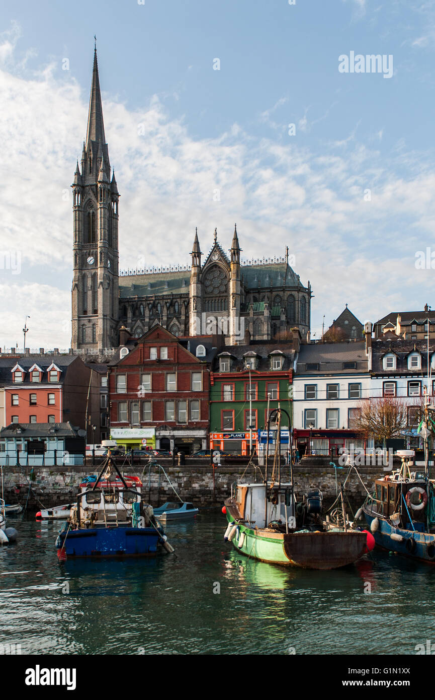 La Cathédrale St Coleman, Cobh, Irlande towers au-dessus des commerces, des maisons et du port. Banque D'Images