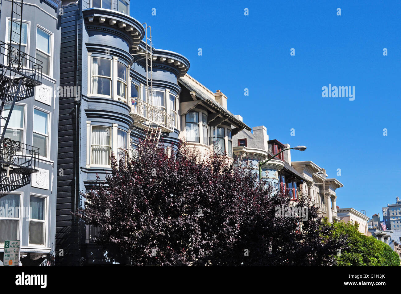 San Francisco, USA : les toits de la ville avec rangée de maisons victoriennes et édouardiennes colorés, parfaitement conservée des maisons historiques Banque D'Images