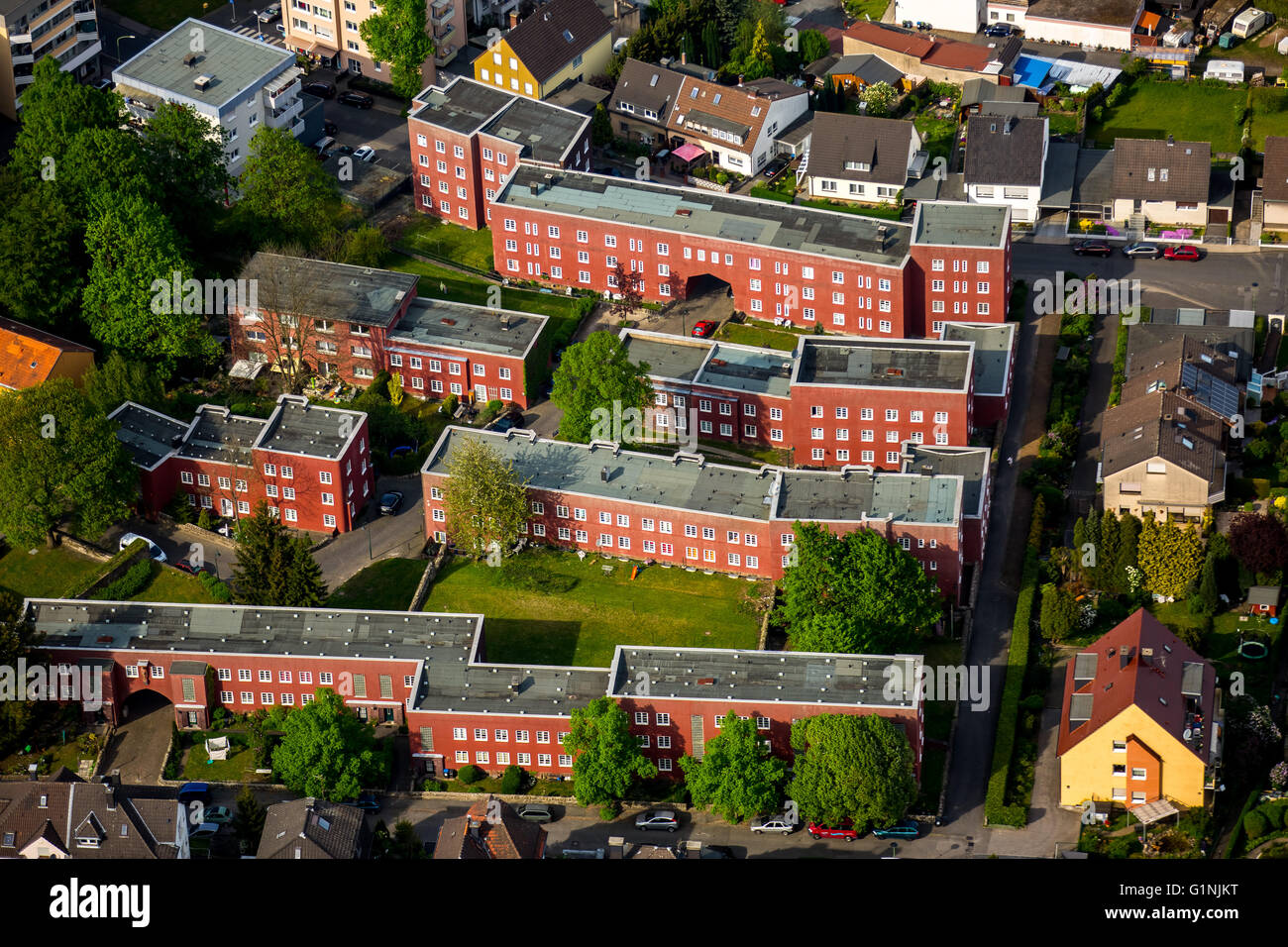Vue aérienne, Kuhlerkamp Cunosiedlung avec règlement Bauhaus Albrechtstraße Leopold Street, l'architecture, l'architecture historique, Banque D'Images