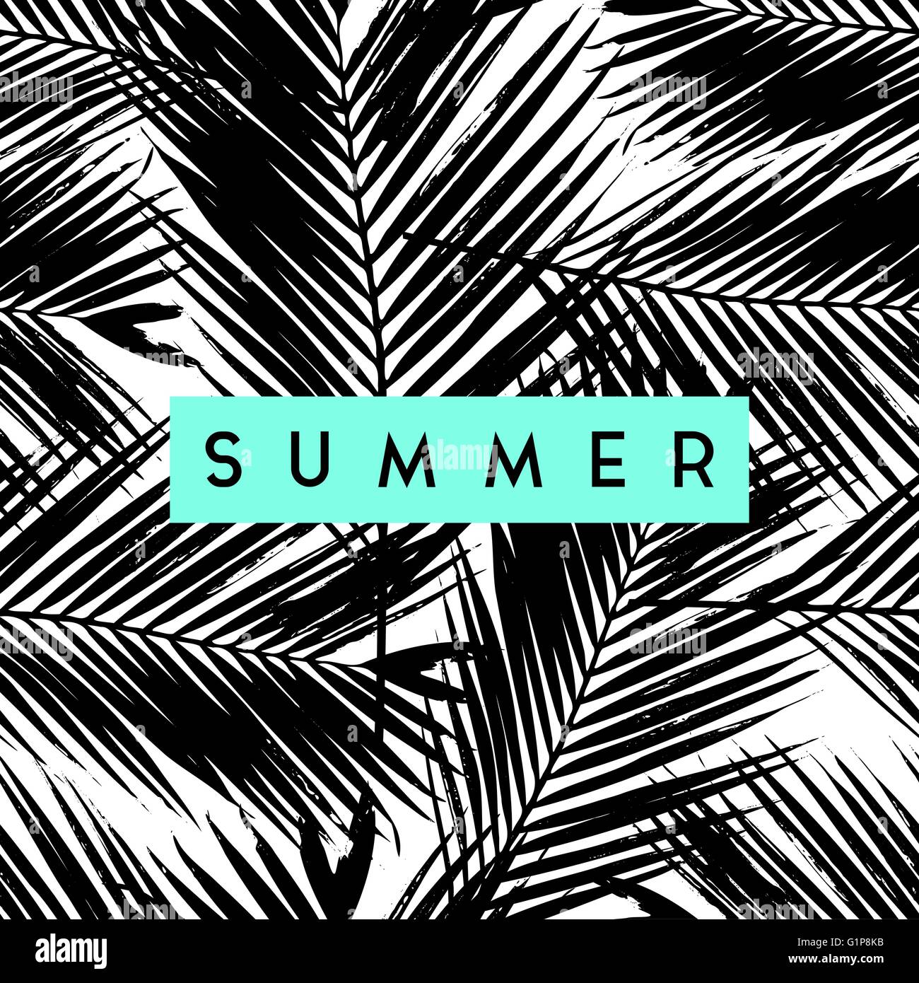 Conception de cartes de voeux avec texte 'Summer' sur les feuilles de palmier contexte en noir et blanc. Illustration de Vecteur