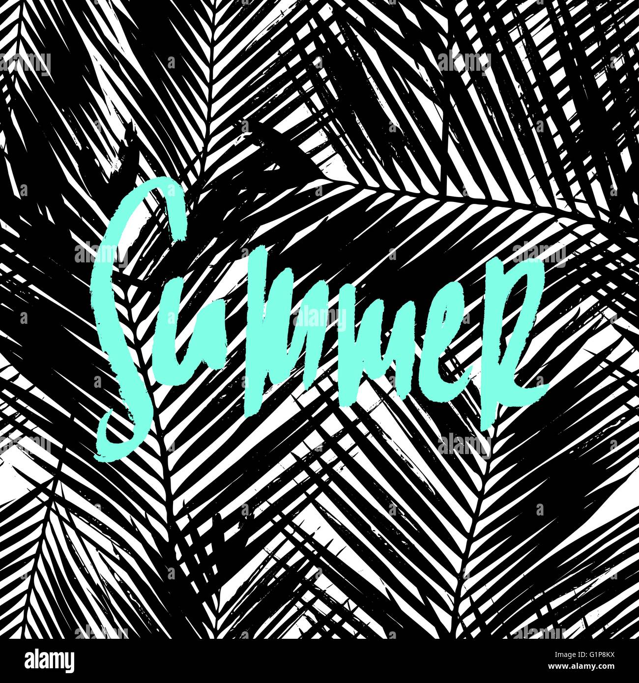 Conception de cartes de voeux avec texte lettres main 'Summer' sur les feuilles de palmier contexte en noir et blanc. Illustration de Vecteur