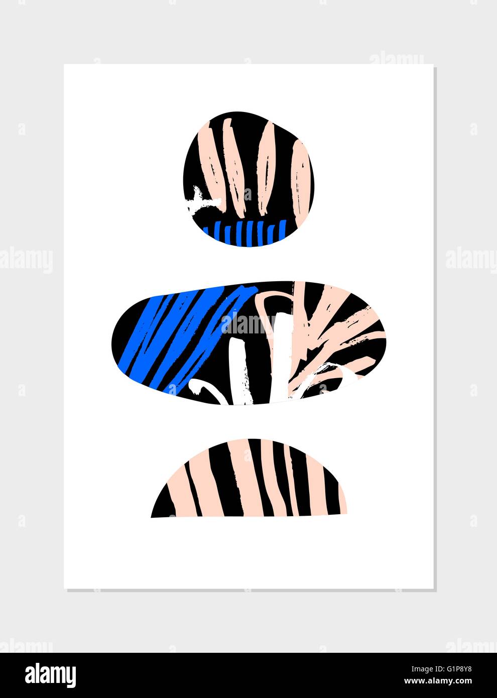 Collage abstrait design avec des formes géométriques, des motifs dessinés à la main, en rose, bleu et noir sur fond blanc. L'affiche moderne, c Illustration de Vecteur