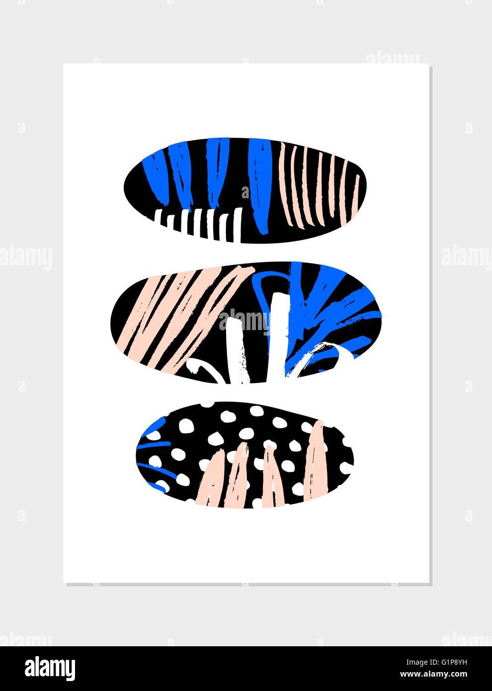 Collage abstrait design avec des formes géométriques, des motifs dessinés à la main, en rose, bleu et noir sur fond blanc. L'affiche moderne, c Illustration de Vecteur