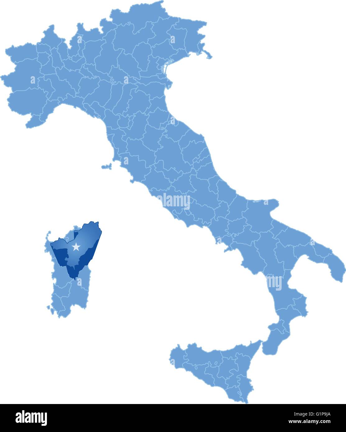 Carte de l'Italie où la province de Nuoro est tiré, isolé sur fond blanc Illustration de Vecteur