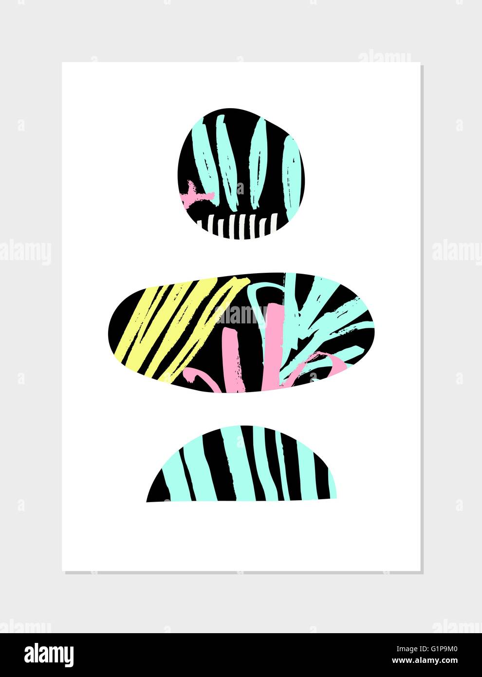 Collage abstrait design avec des formes géométriques, des motifs dessinés à la main, couleurs néon et noir sur fond blanc. L'affiche moderne, ca Illustration de Vecteur