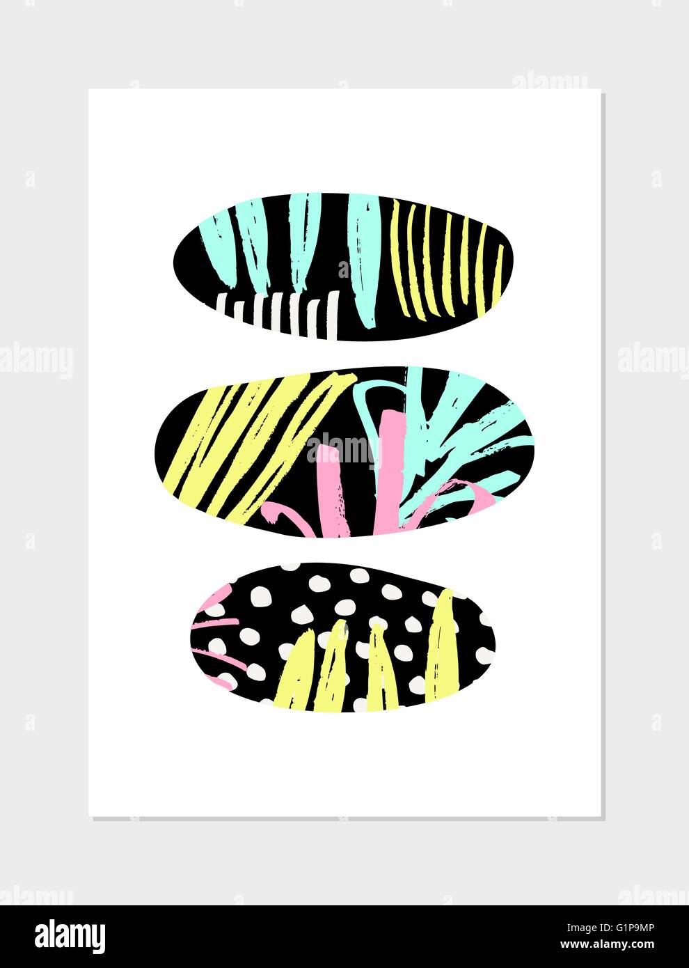 Collage abstrait design avec des formes géométriques, des motifs dessinés à la main, couleurs néon et noir sur fond blanc. L'affiche moderne, ca Illustration de Vecteur