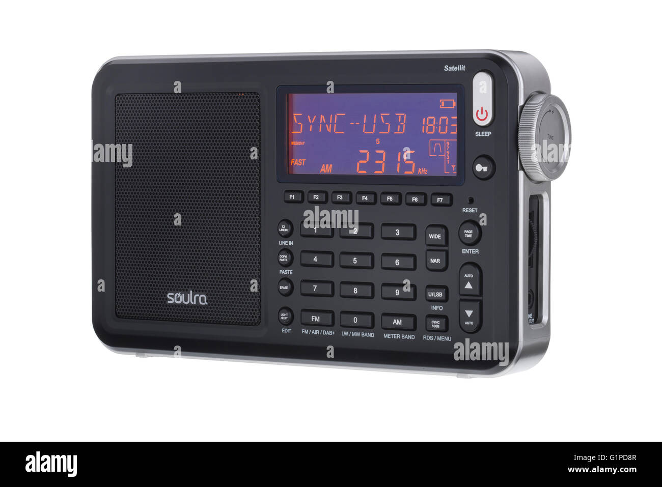 Soulra radio mondiale Satellit. Ondes longues, ondes courtes, AM, FM et DAB récepteur radio portable. Banque D'Images