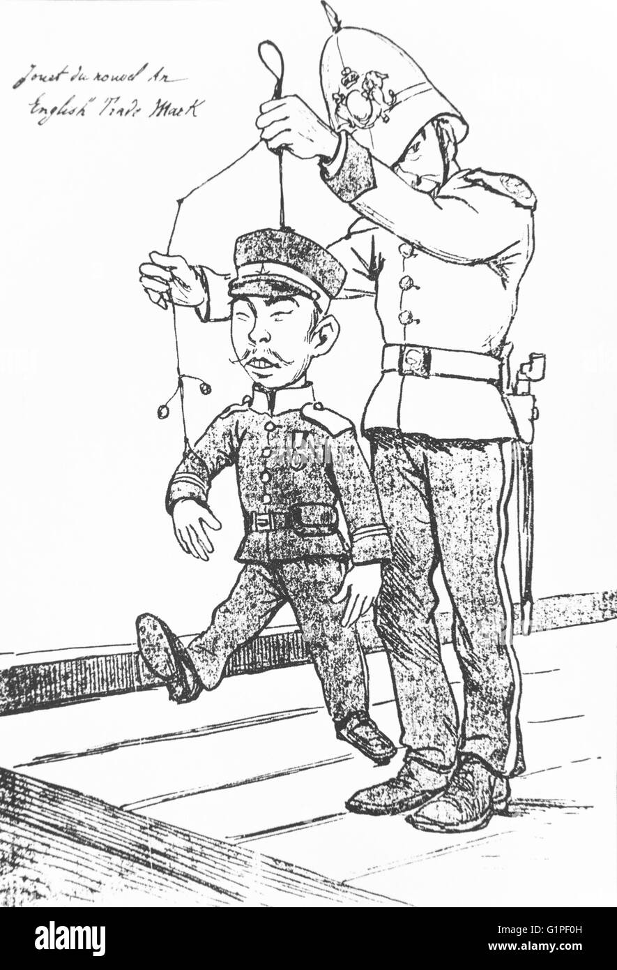 Caricature de Georges Ferdinand Bigot (1860-1927) . Rapport international entre le Japon et Royaume-Uni. UK est le contrôle du Japon. Publié sur '' la vie japonaise en 1899. Banque D'Images