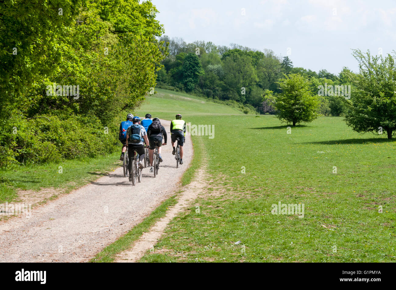 Les cyclistes dans les North Downs Way et passage à niveau du chemin de Colley colline au-dessus de Reigate. Voyageant à l'Est. Banque D'Images