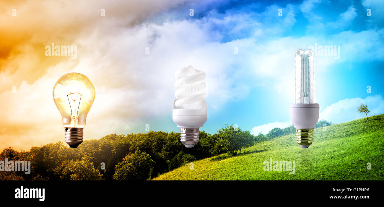 Comparaison entre différents types de paysage sur l'ampoule du feu arrière-plan. Les émissions de CO2 et la préservation de l'environnement. L'horizontale Banque D'Images
