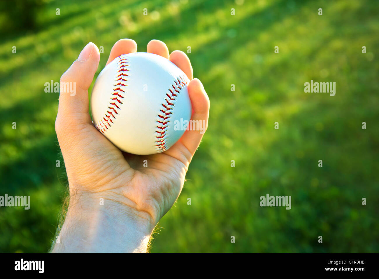 Match de baseball. Balle de baseball tenue à la main verte contre l'herbe fraîche. Banque D'Images