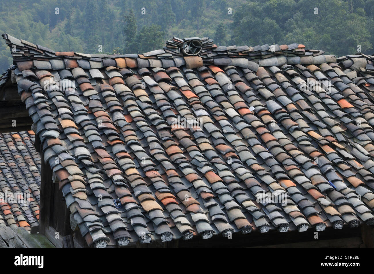 Vieille tuile de toit en Basha, Guizhou, Chine Banque D'Images