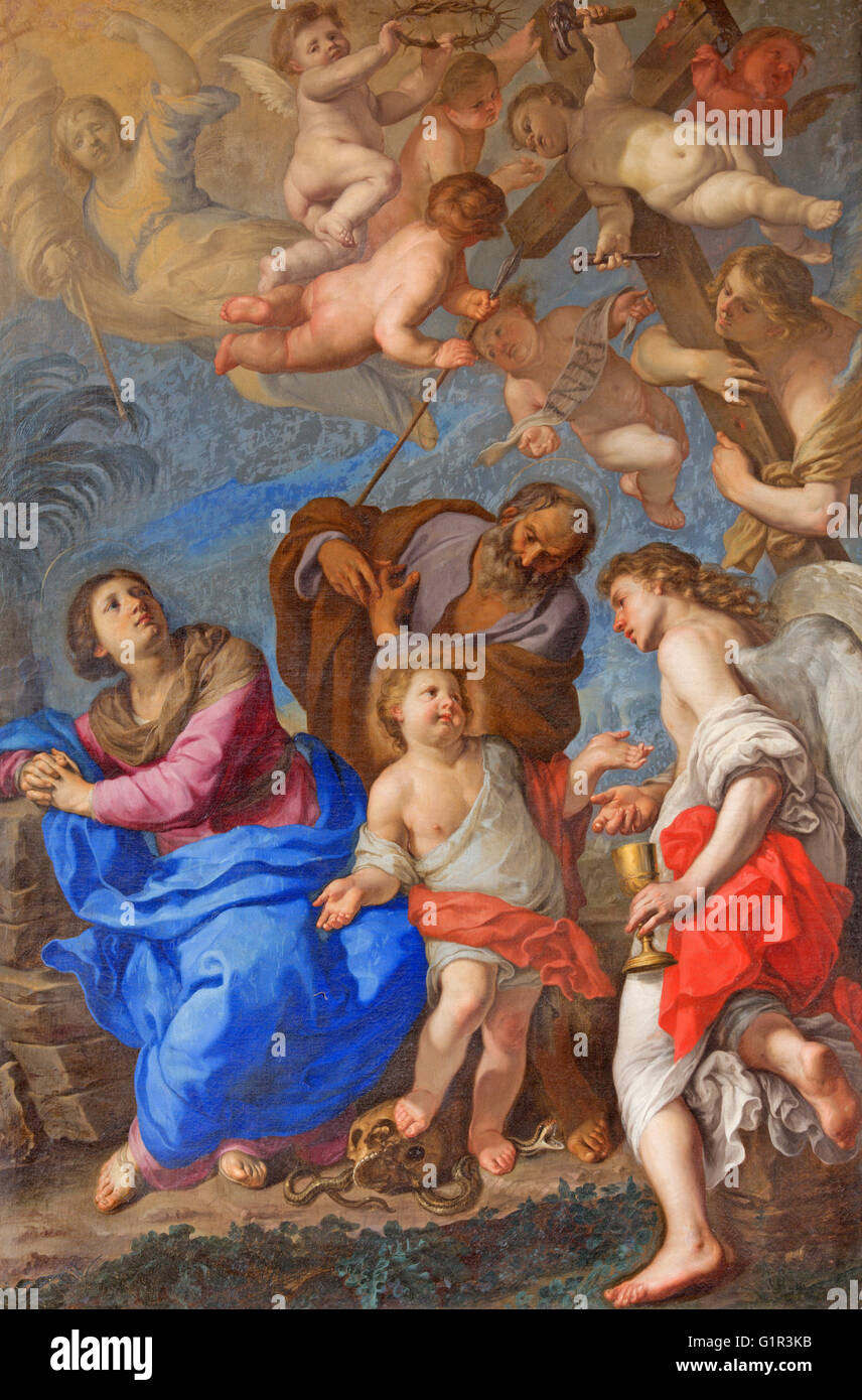 ROME, ITALIE - Le 9 mars 2016 : La Sainte Famille avec des anges et des symboles de la passion par Bernardino Mei (1659) Banque D'Images