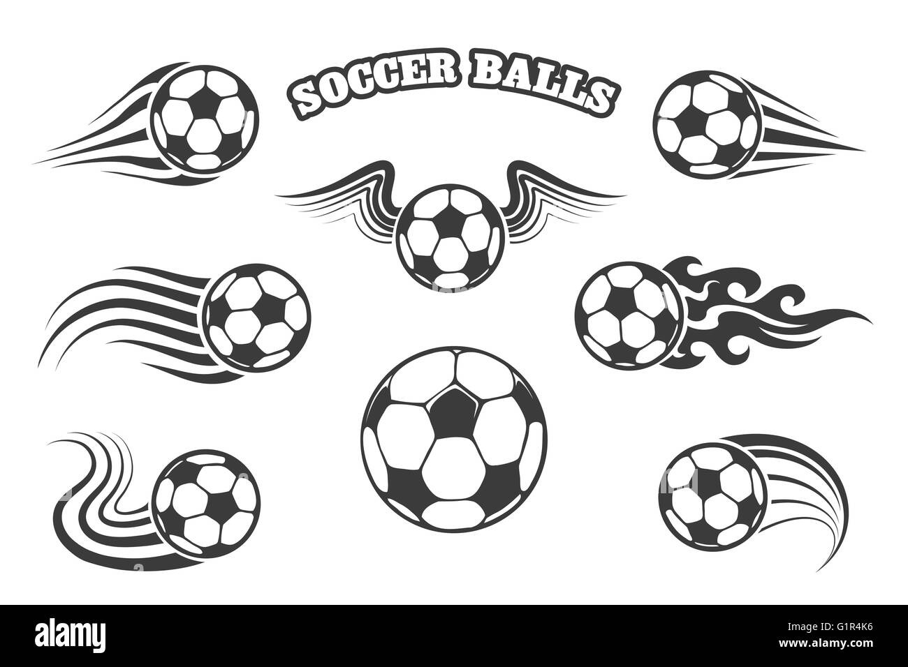 De ballons ou des ballons de foot avec des ailes, d'incendie et divers sentiers de mouvement. Isolé sur blanc. Illustration de Vecteur
