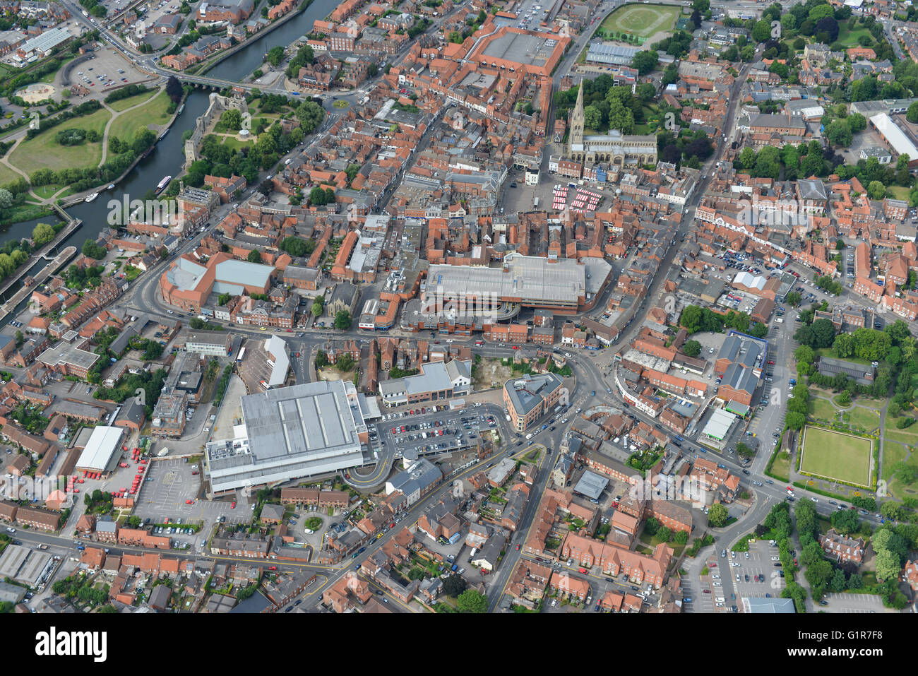 Une vue aérienne du centre-ville de Newark-on-Trent, Nottinghamshire Banque D'Images