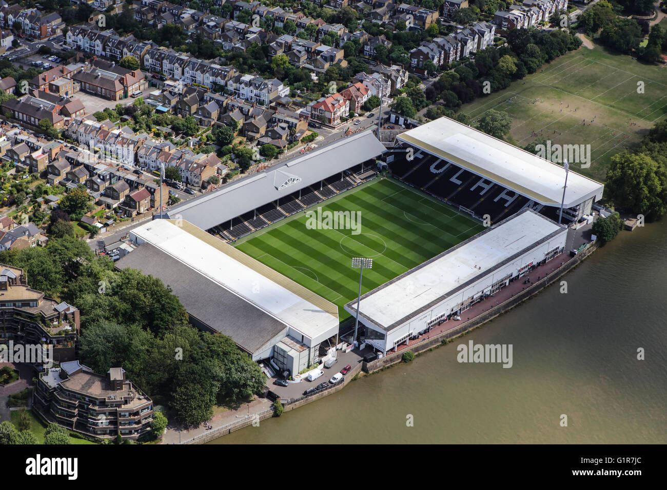 Une vue aérienne de Craven Cottage, accueil de Fulham Football Club Banque D'Images