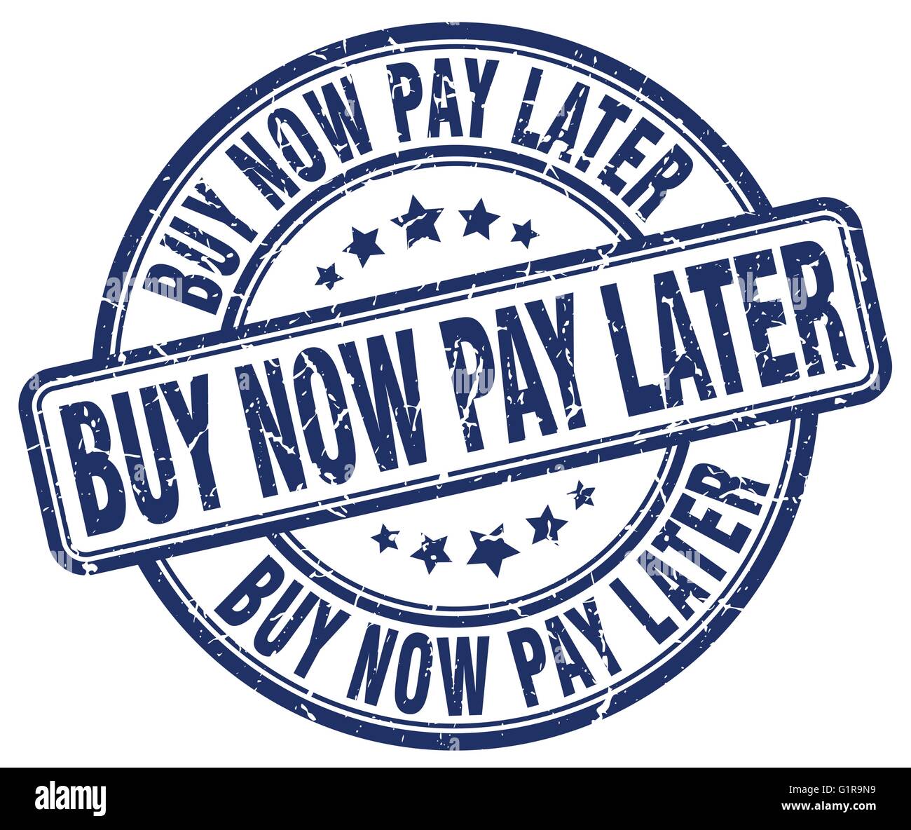 Achetez maintenant, payez plus tard ronde bleu grunge vintage rubber stamp Illustration de Vecteur