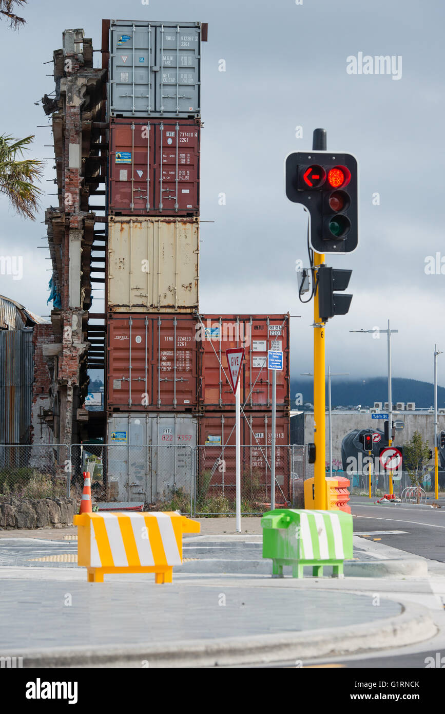 CHRISTCHURCH, Nouvelle-zélande - Jan 19, 2016 : le progrès est lent sur la restauration d'un bâtiment 6 ans après séisme dévastateur Banque D'Images