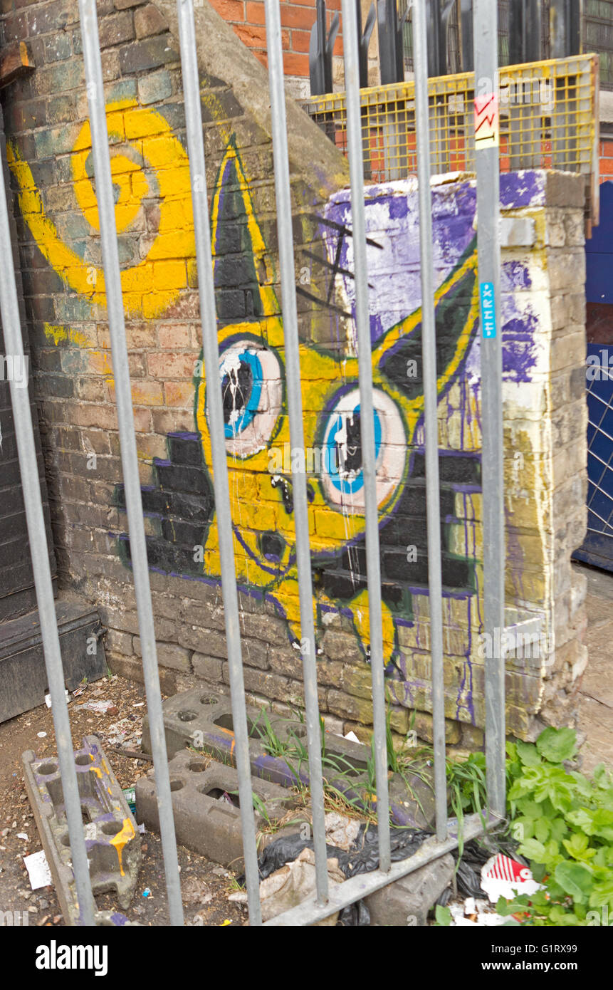 Street art graffiti d'un chat jaune derrière les barreaux, Camden Town, à Londres. Banque D'Images