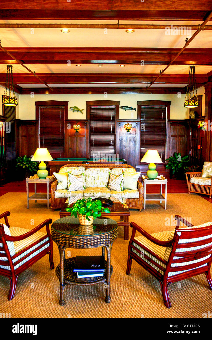 La salle de jeux avec table de billard à l'intérieur de l'Gasparilla Inn & Club, Boca Grande, sur Gasparilla Island, Floride Banque D'Images