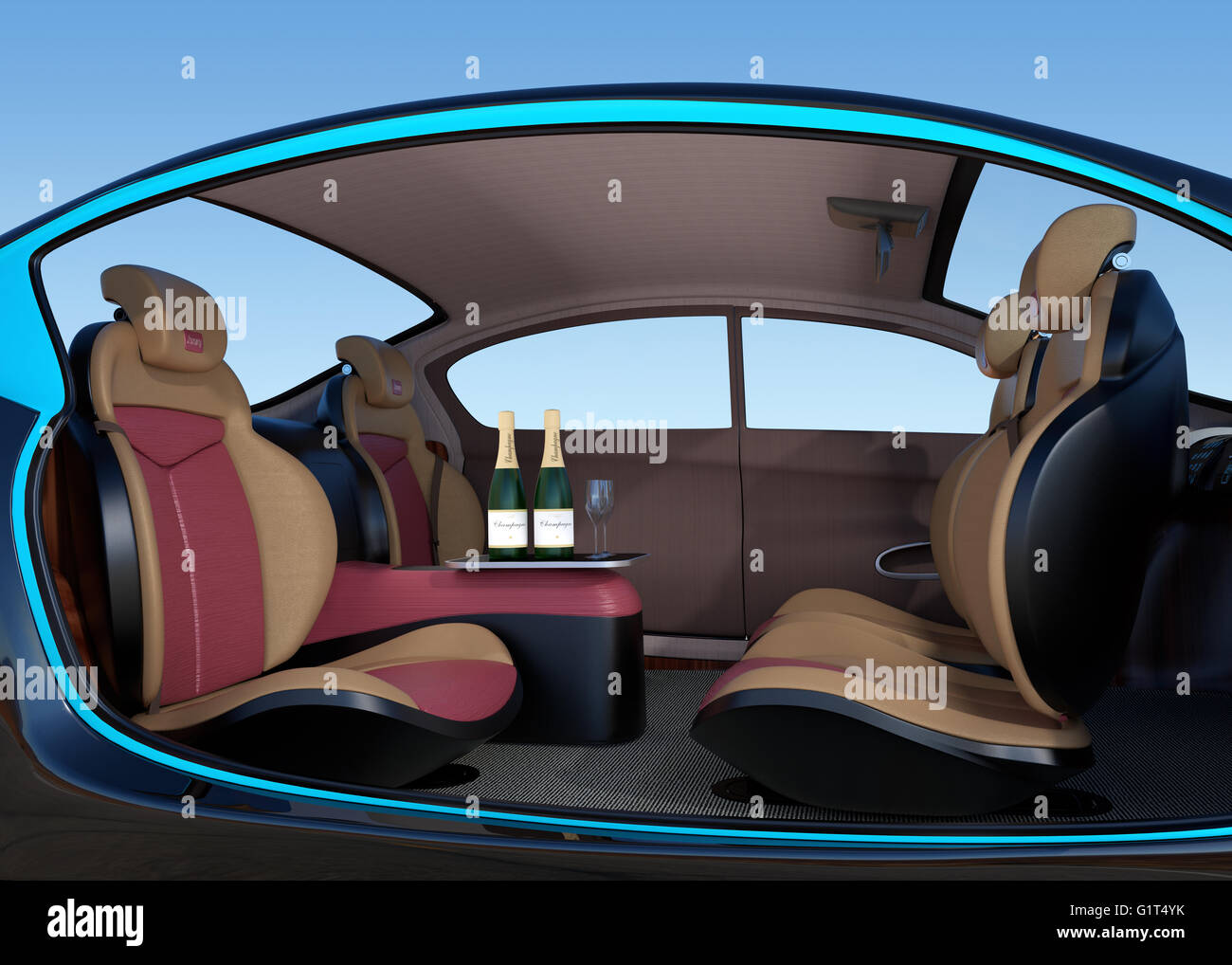 Concept intérieur voiture autonome. Servir frais d'intérieur de luxe service de boissons. Le dossier du siège conducteur équiper avec moniteur LCD. Banque D'Images