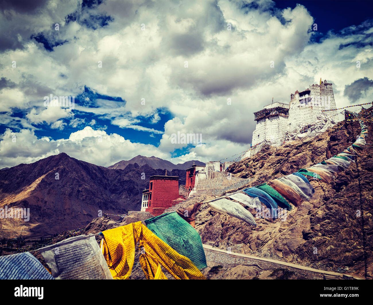 Leh gompa et lungta les drapeaux de prières. Leh, Ladakh, Inde Banque D'Images Leh gompa et lungta les drapeaux de prières. Leh, Ladakh, Inde Banque D'Images