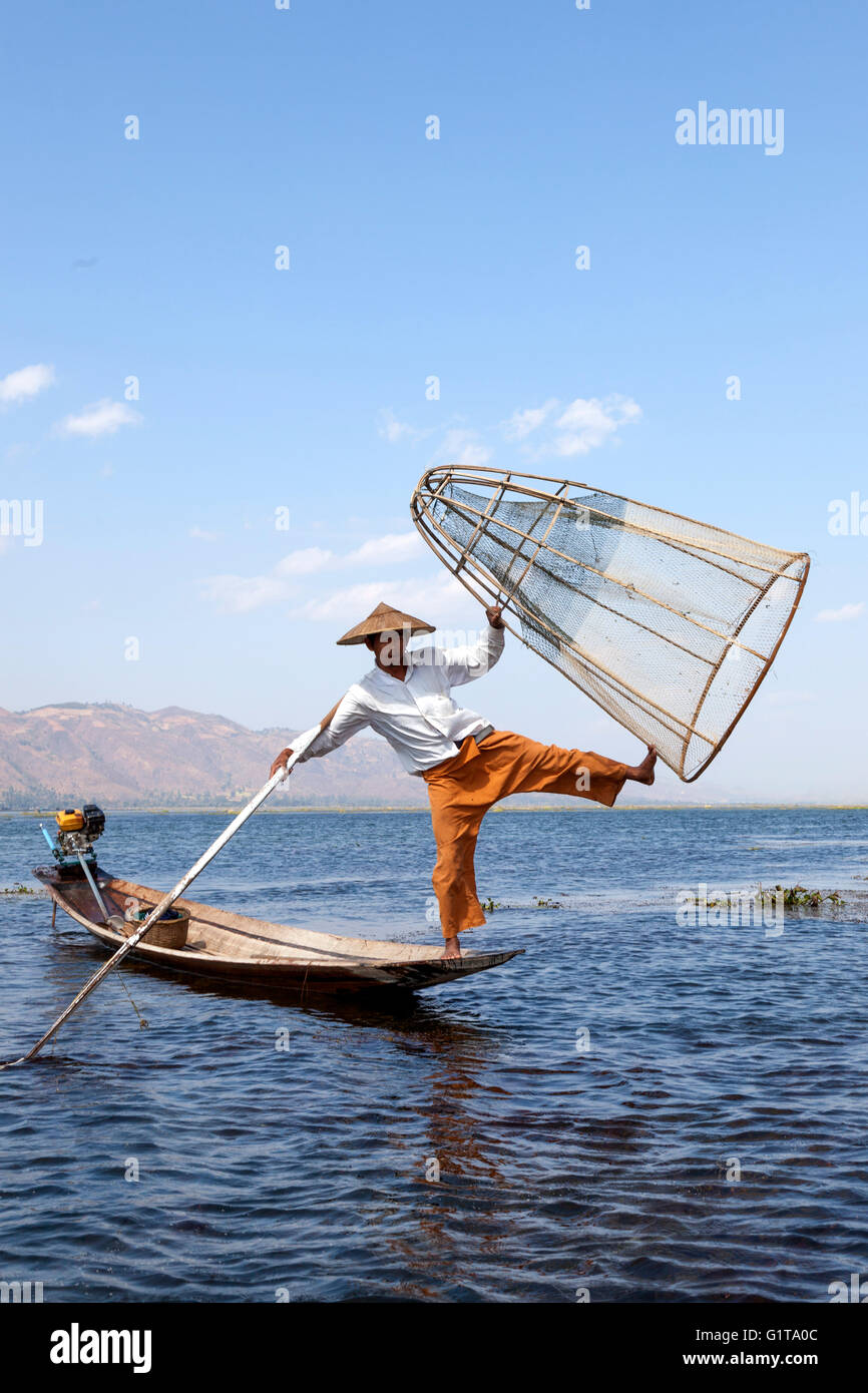 Sur le lac Inle, un pêcheur de son piège poissons sur un mouvement acrobatique (Myanmar). Pêcheur à la nasse sur le lac Inlé. Banque D'Images