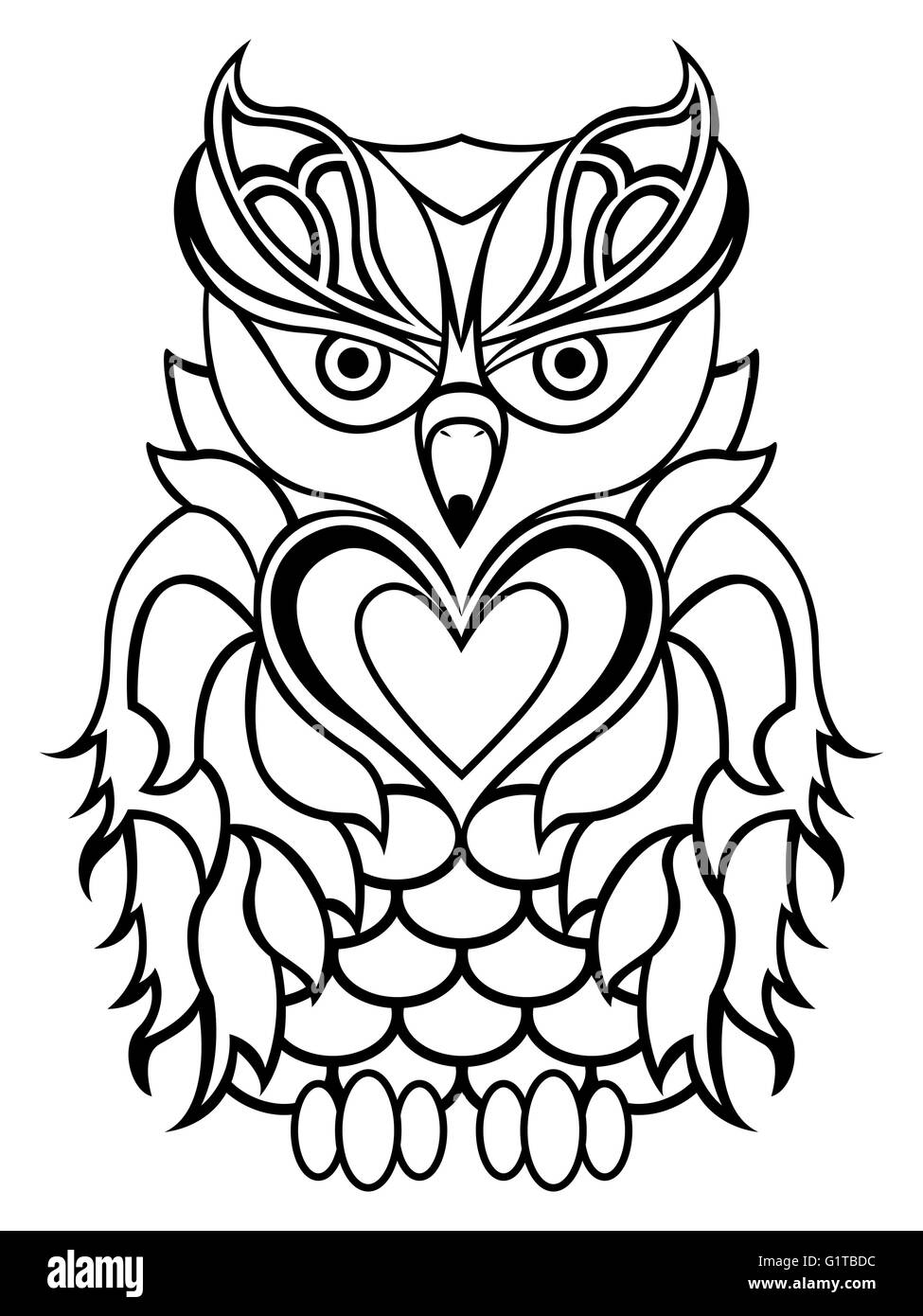 Grand hibou grave isolé sur un fond blanc, cartoon noir et blanc contour vectoriel Illustration de Vecteur