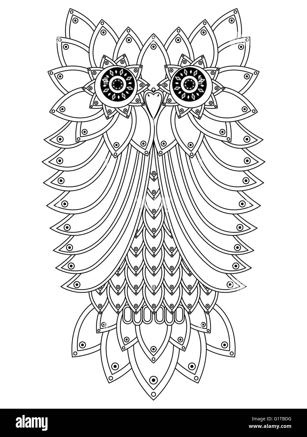Big Black owl ornementales contours isolé sur un fond blanc, cartoon vector illustration Illustration de Vecteur