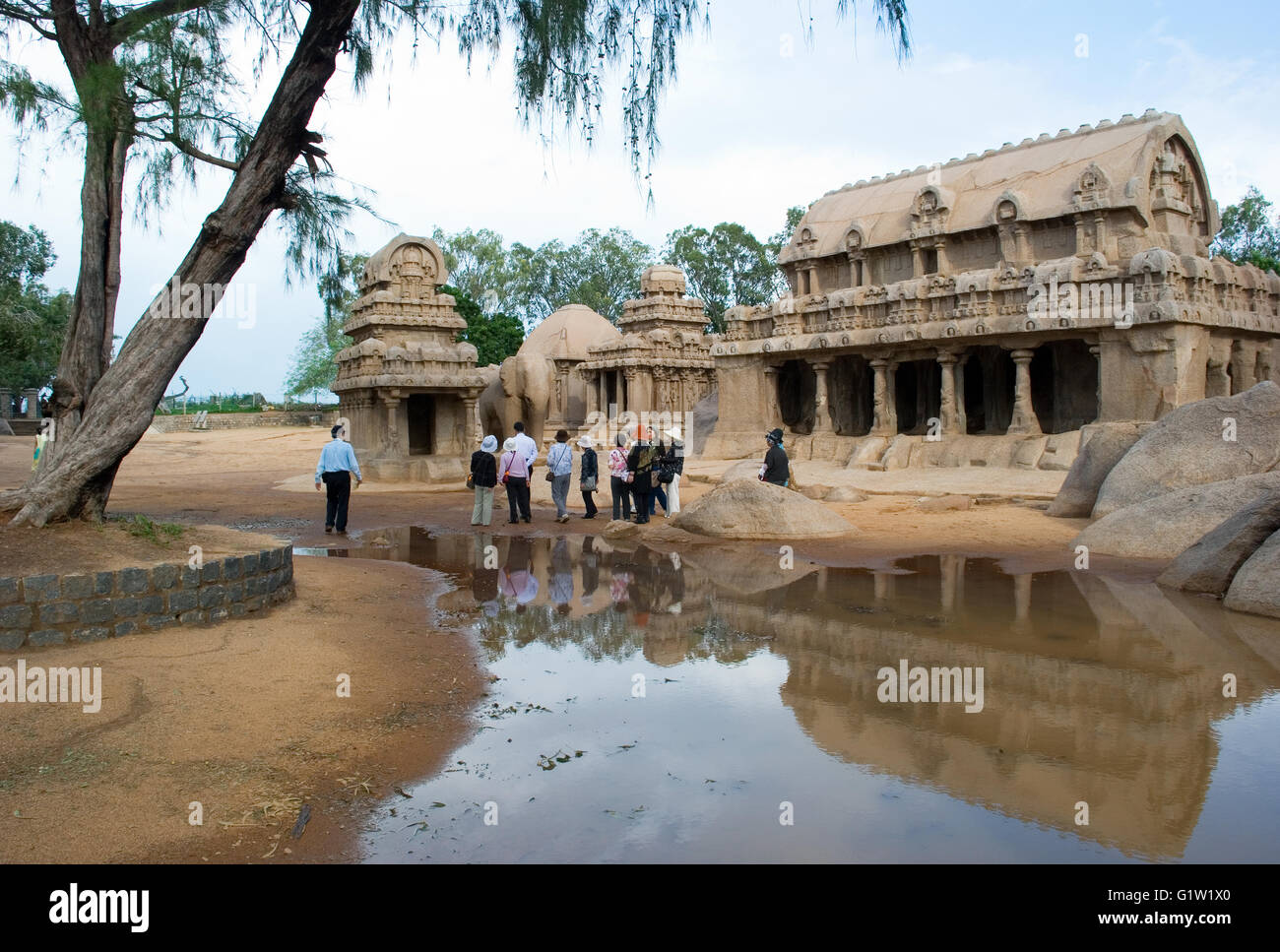 Cinq Rathas, près de Shore Temple, Mahabalipuram, près de Chennai, Tamil Nadu, Inde Banque D'Images